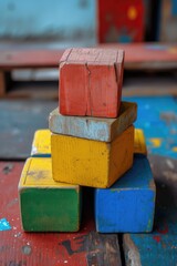 Poster - A stack of wooden blocks sitting on top of a table. Versatile image suitable for various concepts and designs