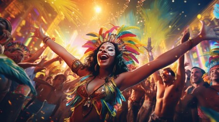 Poster - A woman wearing a vibrant carnival costume with her arms stretched out. Perfect for festive events and celebrations