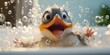A cute duck is seen in a bathtub with bubbles. This image can be used for various purposes, such as children's books, bathroom product advertisements, or even as a symbol of relaxation