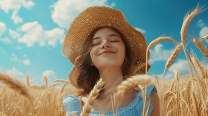 Poster - A woman wearing a straw hat standing in a beautiful wheat field. This image can be used to depict nature, agriculture, farming, and peacefulness