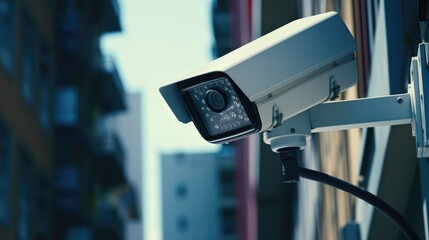 Poster - A security camera mounted on the side of a building. Suitable for surveillance and security concepts