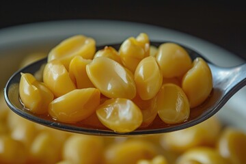 Poster - A simple image of a spoon full of corn sitting on top of a bowl. This versatile picture can be used in various contexts
