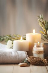 Poster - A table with candles and towels placed next to a potted plant. Perfect for home decor or spa-related themes