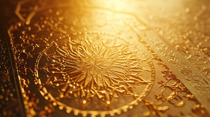 Poster - A detailed close-up of a gold plate with intricate designs. This versatile image can be used in various projects