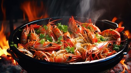 Wall Mural - A delicious assortment of shrimp cooking in a large pot over an open fire. Perfect for seafood enthusiasts or outdoor cooking enthusiasts
