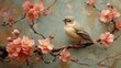 Ptak na gałęzi z różowymi kwiatami