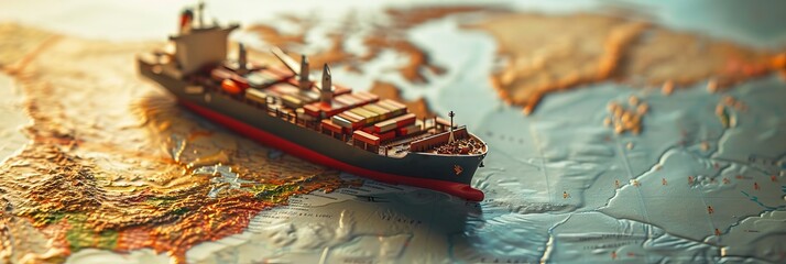 Wall Mural - Top view of a mockup of a cargo ship standing on the map, cargo transportation concept, banner