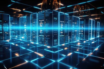 Poster - A glowing Network of connections in data center data storage, Data center and network devices in high performance operation, Ai generated