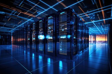 Poster - A glowing Network of connections in data center data storage, Data server room. Data server interior. Concept of network and internet, Ai generated
