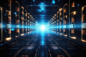 Poster - A glowing Network of connections in data center data storage, Data server room. Data server interior. Concept of network and internet, Ai generated