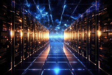 Poster - A glowing Network of connections in data center data storage, Data server room. Data server interior. Concept of network and internet, Ai generated