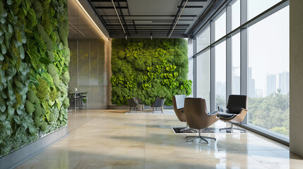 Wall Mural - Modern Office space with Vertical Garden Wall and large windows