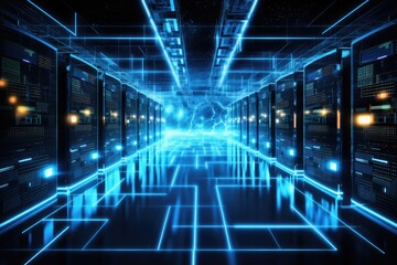 Poster - A glowing Network of connections in data center data storage, Data server room. Data server interior. Concept of network and internet, Ai generated