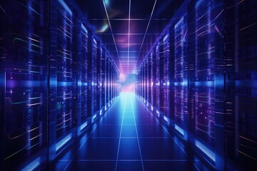 Poster - A glowing Network of connections in data center data storage, Data center and network devices in high performance operation, Ai generated