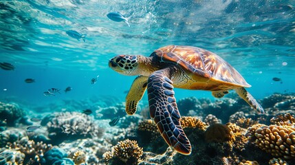 turtle animal swim under water in sea ocean water wallpaper background