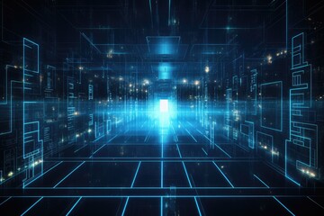Poster - A glowing Network of connections in data center data storage, A modern data center featuring multiple servers, each equipped with glowing LED lights., Ai generated