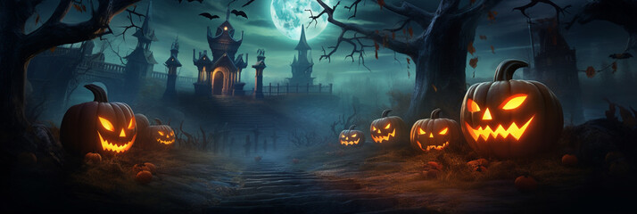Wall Mural - Halloween background with hounted house and pumpkins