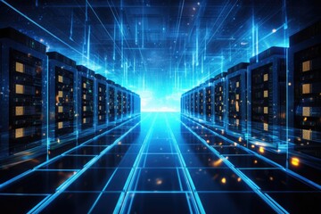 Poster - A glowing Network of connections in data center data storage, Depict a state of the art data center with rows of server racks