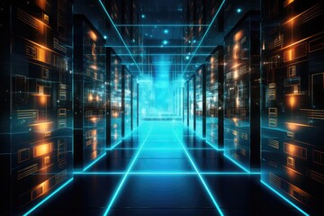 Poster - A glowing Network of connections in data center data storage, Depict a state of the art data center with rows of server racks