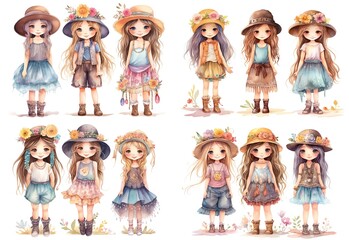 Canvas Print - watercolor painting style illustration of cute happy boho country girl, isolated on white background, collection set, generative Ai