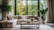 Nowoczesny przytulny salon z kanapą sofą zasłonami i domowymi roślinami