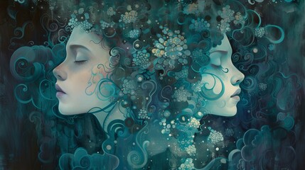 abstract portrait of two women with eyes closed side view wall art home decor print	
