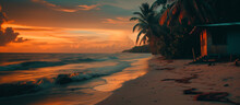 Sunset At A Deserted Tropical Beach With A Hut