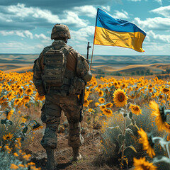war in ukraine. soldier with ukrainian flag return home. patriot celebrating victory. glory to ukrai