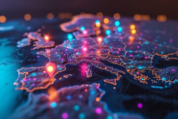 Macro photography of placemarks over the main capitals of the European continent. A map of Europe in neon light with markers. 3d illustration