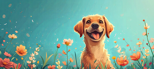 banner of red cute dog on the spring flowers background