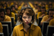Sad young woman in a headset, representing a customer service agent. Concept of depressing work