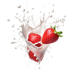 Milk splash with strawberries isolated on white background