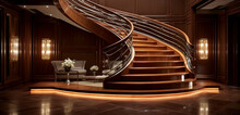 Mahogany Stairs In A High-end Residence, With Elegant, Hidden Lighting Under Each Step For A Luxurious Ambiance.