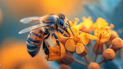 Bee and flower. Close up of a large striped bee collects honey on a yellow flower on a Sunny bright day. Macro horizontal photography. Summer and spring backgrounds