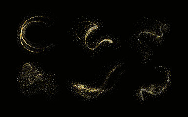 Wall Mural - Glittering stars with golden shimmering swirls, shiny glitter design. Magical motion, sparkling lines on a black background.