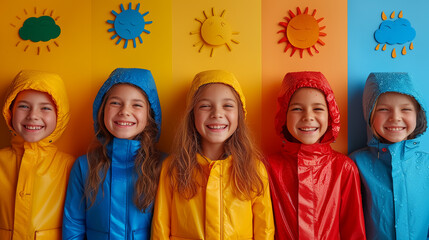 A group of children wearing colorful raincoats are standing next to each other