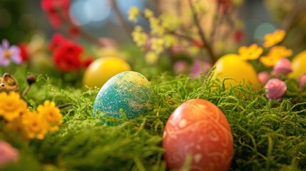 Sticker -  a close up of a bunch of eggs in a field of grass with flowers in the background and a tree in the foreground with a blurry sky in the background.