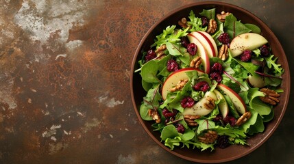 Sticker -  a salad with apples, cranberries, walnuts, and pecans in a brown bowl on a rusted metal surface with a rusted metal surface.