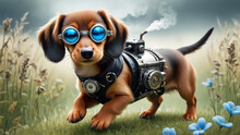Portrait Of A Puppy Dachshund With A Sunglasses In The Steampunk Style