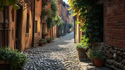 Canvas Print -  a cobblestone street with potted plants on either side of it and a brick building on the other side of the street with vines growing on either side.