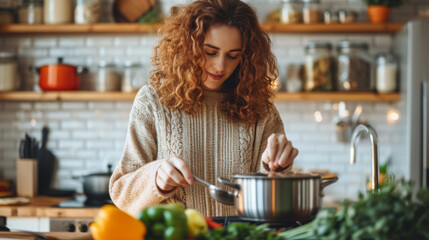 Poster - A woman is cooking in her kitchen, tasting from a pot with fresh vegetables visible on the counter, radiating a sense of warmth and domestic bliss.