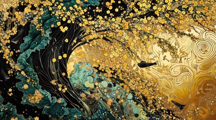 Sticker -  a painting of a tree with yellow and green leaves and a black bird flying in the sky in front of a gold and black background with white swirls and gold pattern.