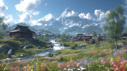 Poster -  a computer generated image of a mountain village with a stream running through the center of the picture, surrounded by wildflowers and a mountain range in the background.