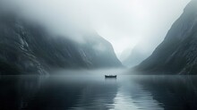  A Boat Floating On Top Of A Body Of Water Next To A Mountain Covered In Fog And Low Lying Clouds On A Foggy Day With A Lone Boat In The Foreground.