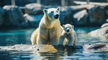 Poster -  a mother polar bear and her cub sitting on a rock in a pool of water with rocks in the background and a rock wall in the foreground of the water.