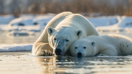 Poster -  a couple of polar bears laying on top of a body of water with their heads on top of another polar bear's back while it's head is partially submerged in the water.