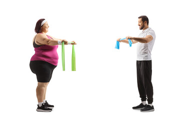 Poster - Fitness coach and woman exercising with elastic bands