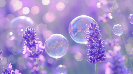 Canvas Print -  a bunch of soap bubbles sitting on top of a field of purple lavenders and lavender lavenders are in the foreground, with bubbles in the foreground.