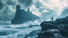A Solitary Figure Stands On A Rugged Coastline Gazing Out At Tumultuous Sea Waves Crashing Against Jagged Rocks. In The Distance, Atop A Steep Cliff, A Lighthouse Perches Precariously, A Beacon In The