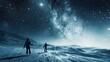  a couple of people standing on top of a snow covered slope under a night sky filled with stars and the stars in the sky above them are two skiers.